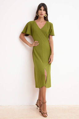 Yag Yesil Bodycon V Yaka Melek Kol K?sa Kollu Krep Orme Elbise TWOSS26EL00471