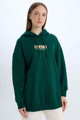 Relax Fit Bask?l? Kapusonlu Ici Yumusak Tuylu Kal?n Sweatshirt Tunik