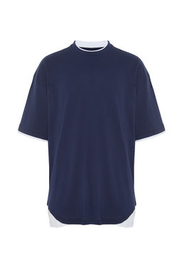 Lacivert Oversize/Genis Kesim Beyaz Panelli K?sa Kol %100 T-Shirt TMNSS22TS0225 - Trendyolmilla фото 7