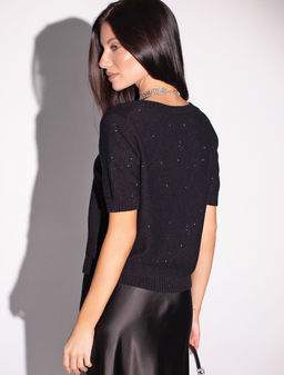 Джемпер с V вырезом и коротким рукавом из хлопковой пряжи с пайетками - Vilatte фото 3