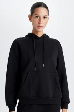 Relax Fit Kapusonlu Kanguru Cepli Kal?n Basic Duz Siyah Sweatshirt