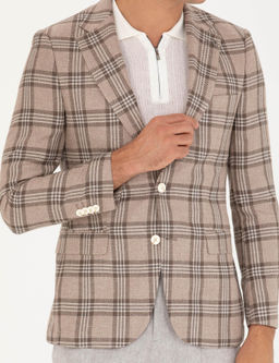 Kahverengi Slim Fit Keten Kar___ml_ Ceket