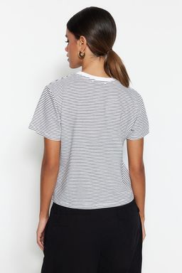 Siyah Ekru Cizgili Kal?n Pamuklu Basic Regular/Normal Kal?p Orme T-Shirt TWOSS23TS00043