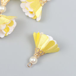Декор текстиль Цветок 2 с жемчужиной. Жёлтый и белый, набор 6 шт., 3 см