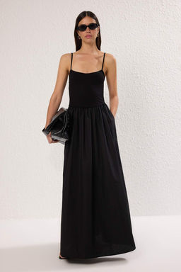 Siyah Belden Ac?lan Dokuma Maxi Elbise TWOSS25EL00869