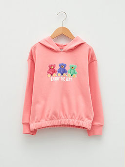 Kap??onlu Bask?l? Uzun Kollu K?z ?ocuk Sweatshirt