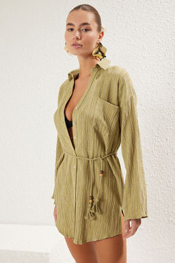 TRENDYOLMILLA Ekru Mini Dokuma Puskullu Flaml? Pamuk Plaj Elbisesi TBESS25EL00011  фото 11