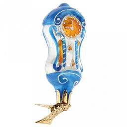 Елочная игрушка фигурка стеклянная Часы, на прищепке, голубой, ручная художественная роспись, подарочная упаковка (Россия)