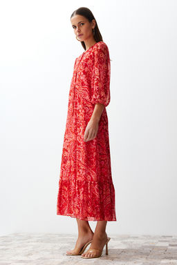 Pembe Sal Desenli Duz Kesim Maxi Astarl? Sifon Dokuma Elbise TWOSS24EL00639 - Trendyolmilla фото 3