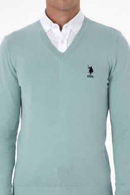 Erkek Slim Fit V Yaka Mint Basic Kazak