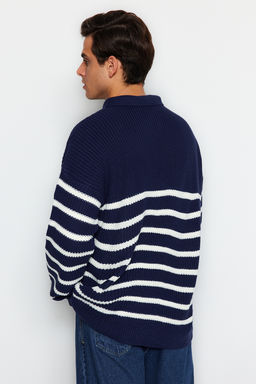 TRENDYOL MAN Vizon Casual Oversize Polo Yaka Cizgili Triko Kazak TMNAW24KZ00018 - Trendyolmilla фото 6