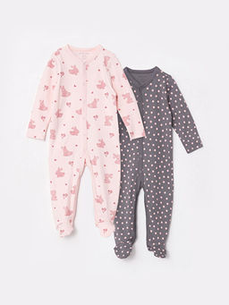 V Yaka Uzun Kollu Bask?l? K?z Bebek Tulum 2li