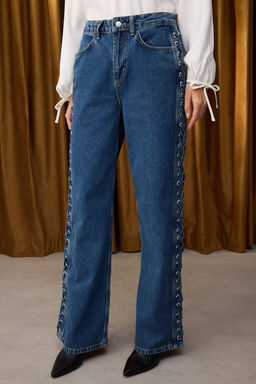 Ozel Koleksiyon Mavi Kusgozu Baglama Detayl? Yuksek Bel Wide Leg Jeans TWOAW26JE00012