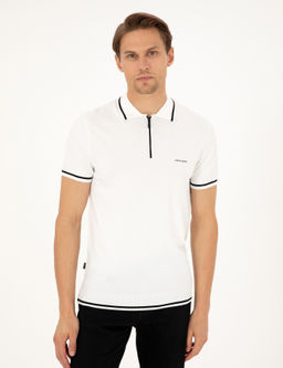 Ekru Slim Fit Fermuarl_ Polo Yaka Y_n Kar___ml_ Triko Ti__rt - Pierre cardin фото 3