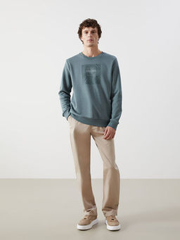 Bisiklet Yaka Bask?l? Erkek Kal?n Sweatshirt