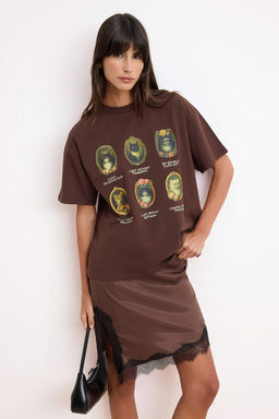 Kahverengi Bask?l? Oversize/Genis Kal?p K?sa Kollu Tok %100 Pamuk Orme T-Shirt TWOSS26TS00176
