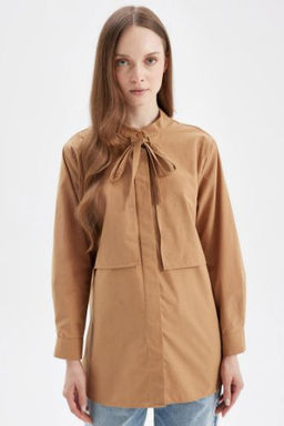 Relax Fit Fiyonk Yaka Poplin Uzun Kollu Gomlek Tunik