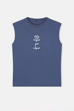 Indigo Oversize/Genis Kesim Uzak Dogu Yaz? Bask?l? %100 Pamuklu Kolsuz T-Shirt/Atlet TMNSS22AL0108