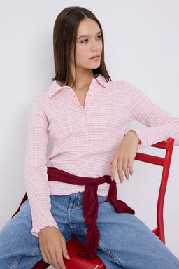 Pembe Fitted/Vucuda Oturan Uzun Kollu Polo Yaka Yar?m Partl? Jakarl? Esnek Orme Bluz TWOAW26BZ00114 - Trendyolmilla фото 5