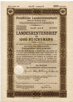 Облигация 4,5% 1000 рейхсмарок 1937 года Германия