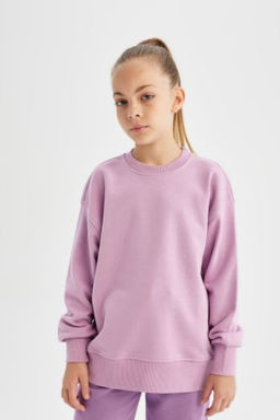 K?z Cocuk Lila Relax Fit Bisiklet Yaka Pamuklu Basic Duz Okul Sweatshirt
