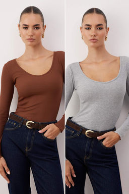 Kahverengi-Gri Melanj 2li Paket V Yaka Fitted/Vucuda Oturan Pamuklu Esnek Orme Bluz TWOAW24BZ00068