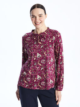 Ba?lamal? Yaka Desenli Uzun Kollu Kad?n Bluz