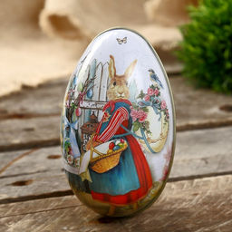 Шкатулка металл яйцо Зайка с корзинкой крашенных яиц 11х6,5х7 см