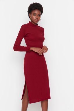 Bordo Vucuda Oturan Y?rtmacl? Bisiklet Yaka Midi Fitilli Esnek Orme Kalem Elbise TWOAW21EL0135