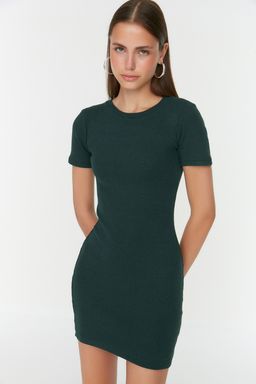 TRENDYOLMILLA Siyah Vucuda Oturan Mini Bisiklet Yaka Fitilli Esnek Orme Kalem Elbise TWOSS19AD0053