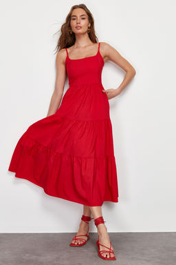 TRENDYOLMILLA K?rm?z? Etegi Belden Ac?lan Pamuk Kar?s?ml? Maxi Dokuma Elbise TWOSS24EL00386  фото 13