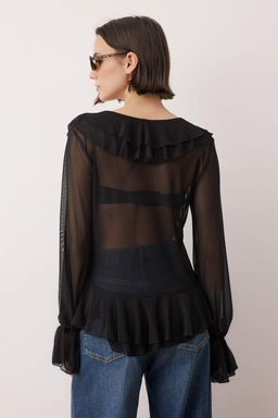 Siyah Tul V Yaka F?rf?r Detayl? Regular Esnek Orme Bluz TWOAW26BZ00324