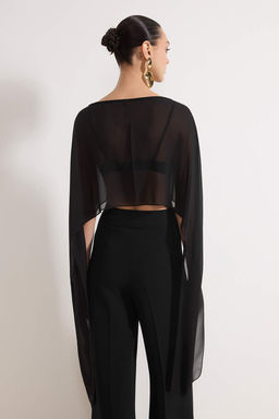 Siyah Asimetrik Kesim Astars?z Sifon Pelerin Party Bluz TPRSS26BZ00055 - Trendyolmilla фото 4