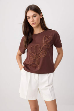 Kahverengi Nak__l_ / __lemeli Regular Bisiklet Yaka K_sa %100 Pamuk _rme T-Shirt TWOSS26TS00242