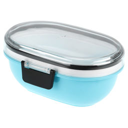 Ланч-бокс для продуктов пластмассовый Обед Люкс 18,5х14см h9см, 2 уровня: 0,3л, 17,8х11,5см h3,4см; 0,45л, 18,7х12,5см h6,1см, с ложкой 13,5см, крышка прозрачная, с клипсами, с уплотнителем, цвета в ассортименте: фисташковый, розовый, голубой (Кита