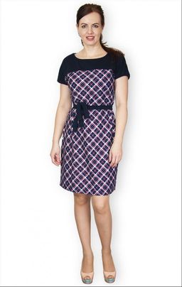 Платье с поясом интерлок - пенье, клетка розовый (317-2)