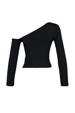 Siyah Fitted/Vucuda Oturan Asimetrik Yaka Omzu Ac?k Fitilli Esnek Orme Bluz TWOAW23BZ00088