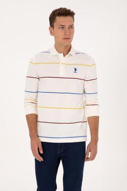 Erkek Regular Fit Polo Yaka _izgili Krem Sweatshirt