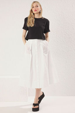 TRENDYOLMILLA Beyaz Dugme Detayl? Cepleri Brodeli Nak?sl? Pamuklu Maxi Boy Dokuma Etek TWOSS25ET00127 фото 2