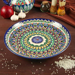 Ляган узбекский Риштанская керамика "Узоры" для плова, 31 см, синий