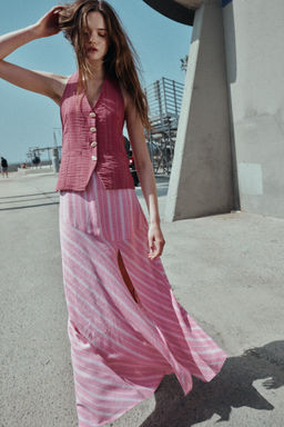 FALDA MIDI CON LINO RAYAS / Rosa / Blanco - Zara фото 3