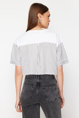 Beyaz Cizgili Poplin Kol Detayl? Slogan Bask?l? Crop Orme T-Shirt TWOSS24TS00239 - Trendyolmilla фото 6