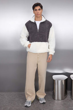 TRENDYOL MAN Fume Unisex Oversize/Genis Kesim Renk Bloklu Dik Yaka S?cak Tutan Pelus Sweatshirt TMNAW25SW00148 - Trendyolmilla фото 2