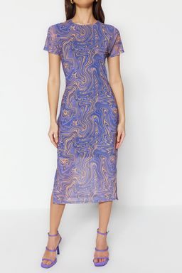 Mavi Bask?l? K?sa Kol Bisiklet Yaka Vucuda Oturan Esnek Midi Tul Kalem Elbise TWOSS23EL01791