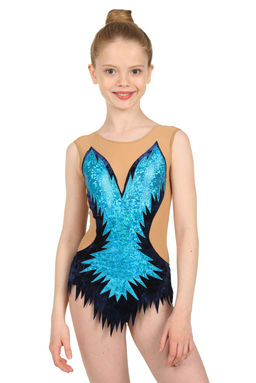 8842 Купальник для выступлений из бархата с юбочкой и аппликацией из голограммы