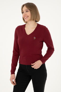 Женский бордовый базовый свитер с v-образным вырезом Неожиданная скидка в корзине