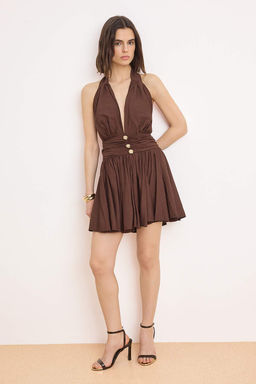 Koyu Kahverengi Duz Baglama Detayl? K?sa / Mini Dokuma Elbise TPRSS25EL00319