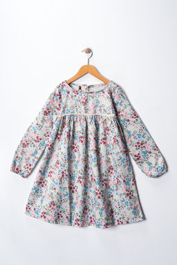 Cok Renkli Pamuklu K?z Cocuk Cicek Desenli Bayraml?k Dokuma Elbise TKDAW25EL00027