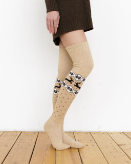 Теплые чулки из монгольской шерсти бежевые с рисунком