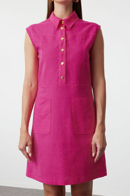 TRENDYOLMILLA Lacivert Duz Kesim Cepli Gomlek Yaka Keten Gorunumlu Mini Dokuma Elbise TWOSS22EL1068 фото 14